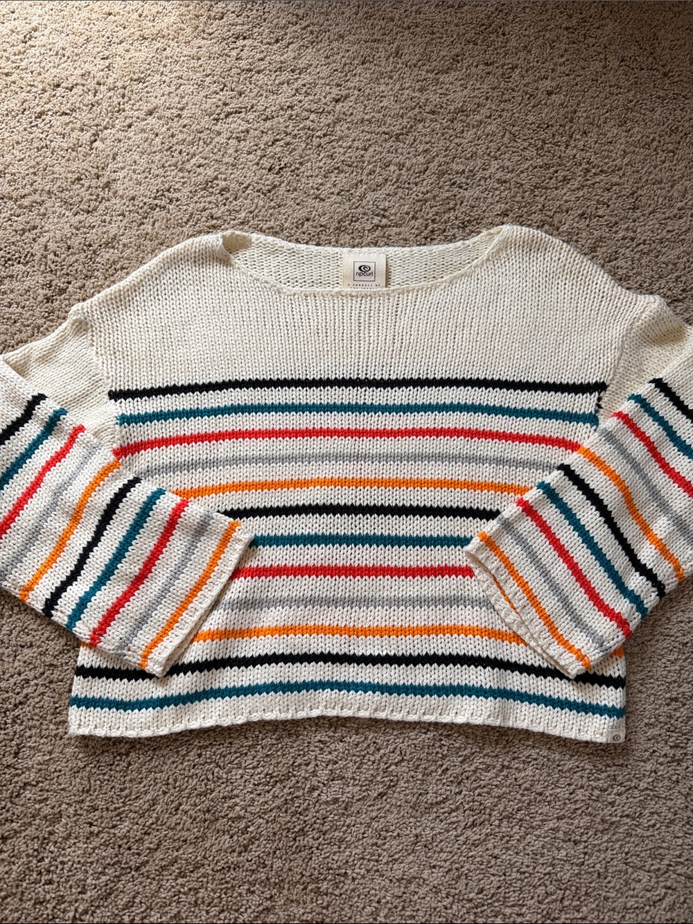 Rip Curl Cream Cropped Stripe Knit Sweater with Multicolor Bands